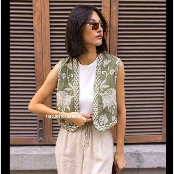 ZARA Embroidered Vest NWT | Khaki Open-Front Waistcoat Boho Chic M/L - Picture 4 of 16